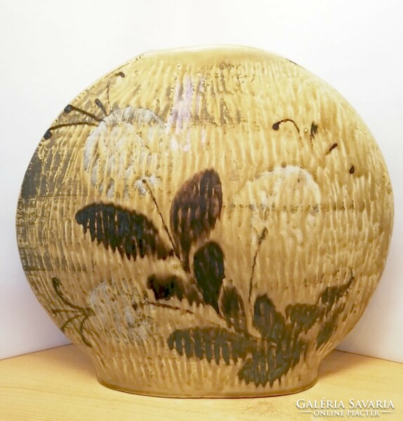 Lens shape large painted glazed ceramic vase from Austria