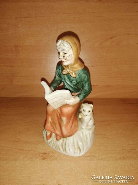 Biszkvit porcelán olvasó néni cicával figura 15 cm (po-1)