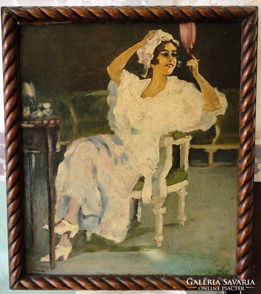 Woman combing her hair - oil painting
