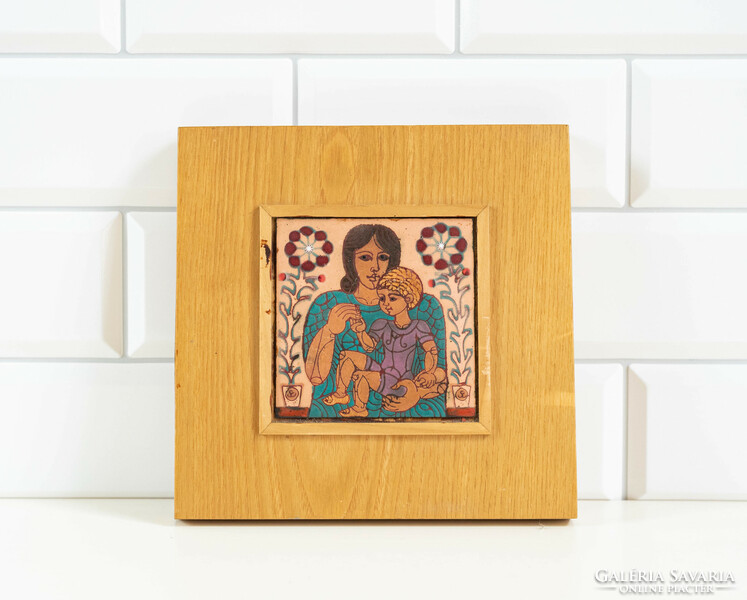 Stefániay edit fire enamel picture - mother with her child among flowers