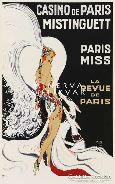Vintage francia kabaré plakát reprint nyomat Mistiguette sanzon énekesnő Párizs kutya agár kaszinó
