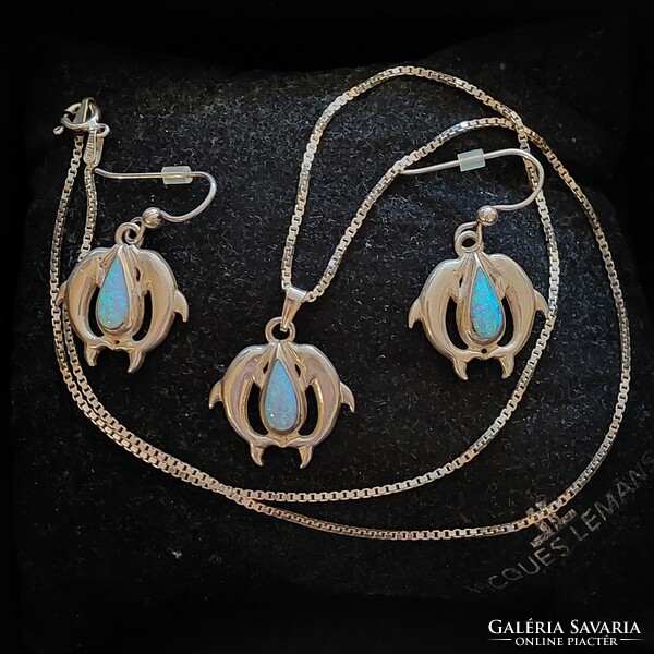 Ted there silver dolphin opal jewelry set, earrings and pendant, on a Venetian cube style chain