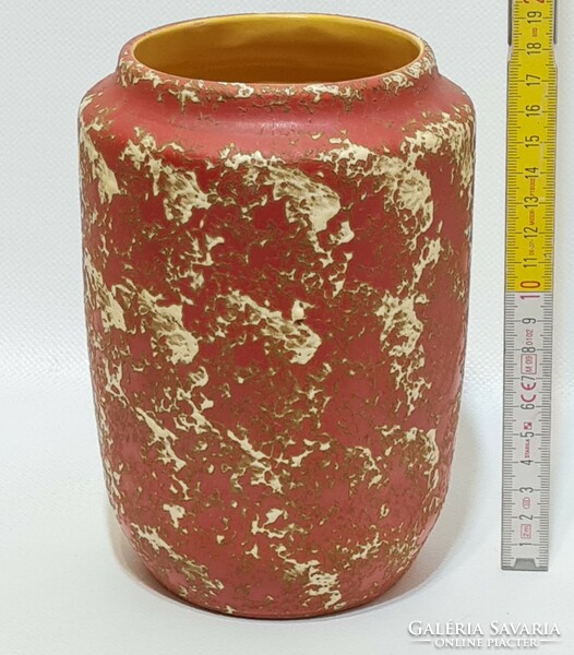 Tófej, splattered white glaze, red glaze, wide-mouth cylinder ceramic vase (2925)