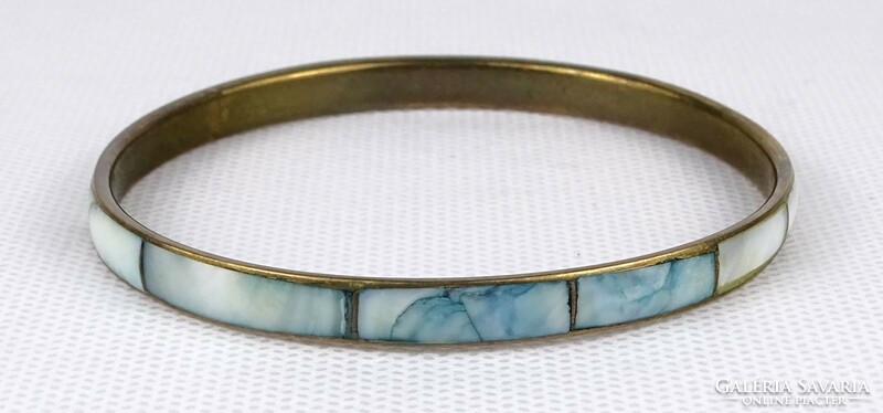 1Q254 old mother-of-pearl inlaid copper bracelet 7 cm