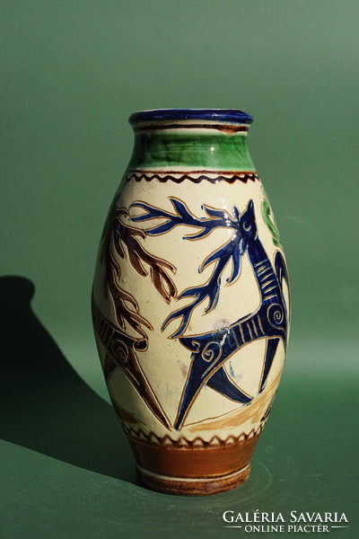 A rare, beautifully painted Korund Székely ceramic vase with a couple of deer patterns