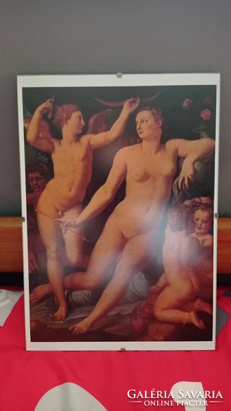 A/4 méretű fali dísz, klasszikus festmény reprodukció, Vénuszt és Ámort ábrázoló kép modern keretben