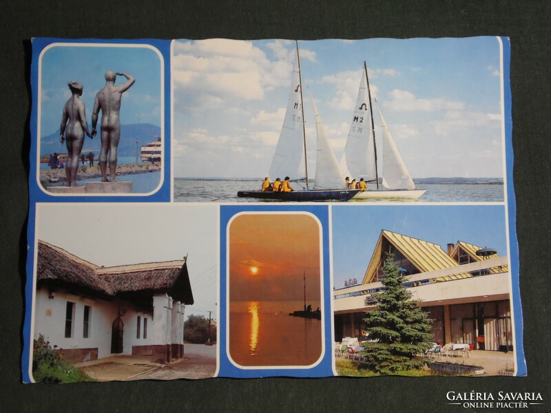 Postcard, balaton, Fonyód mosaic details, sailing, delta restaurant, couple statue, press house, sunset