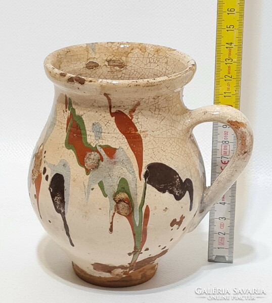 Folk, green, brown, black, blue glazed, off-white glazed ceramic mug (2922)