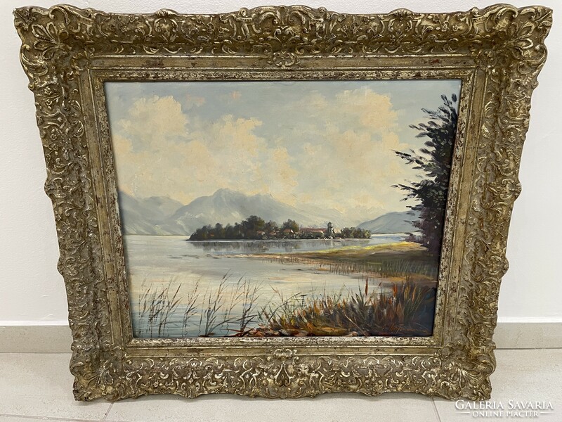 Antik osztrák festmény tájkép tó part blondel keretben