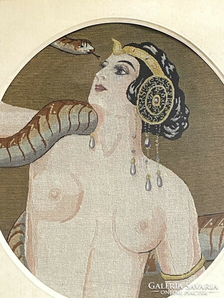 Art deco Cleopatra tapestry needlework nude female nude dancer with snake in blonde frame