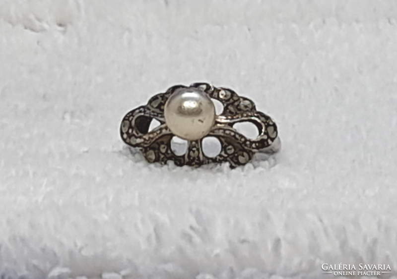 Old silver ring with marcasite and pearl