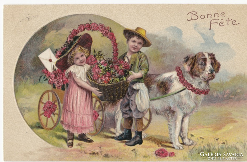 Gyerekek bernáthegyi kutyával - dombornyomásos képeslap