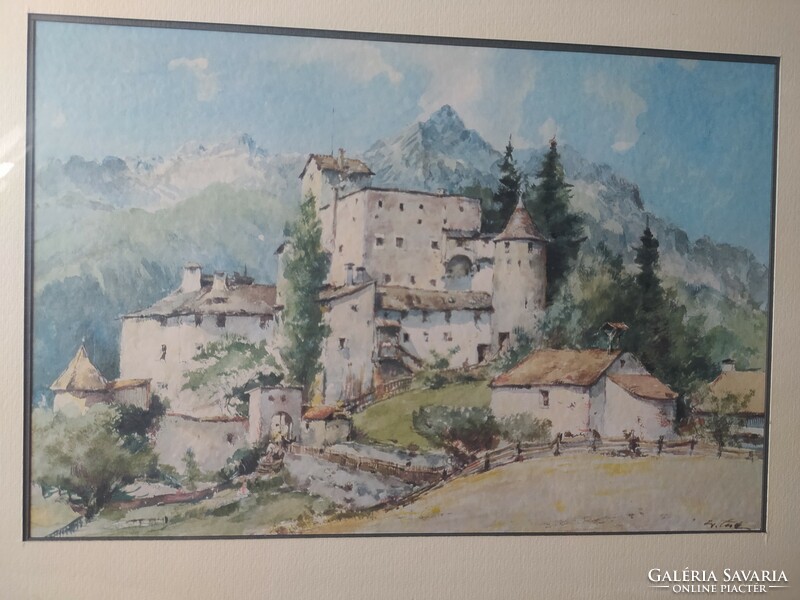 Signed painting - castle in a mountain landscape, original glazed frame, flawless, 48 x 38 cm