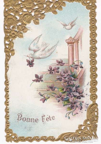 Virágok, galambok - aranyozott, csipkézett dombornyomásos képeslap