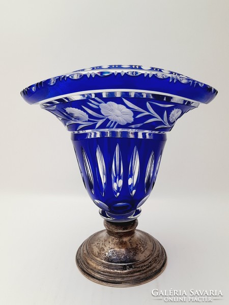 Blue crystal vase, oval shape, marked, 18.2 cm