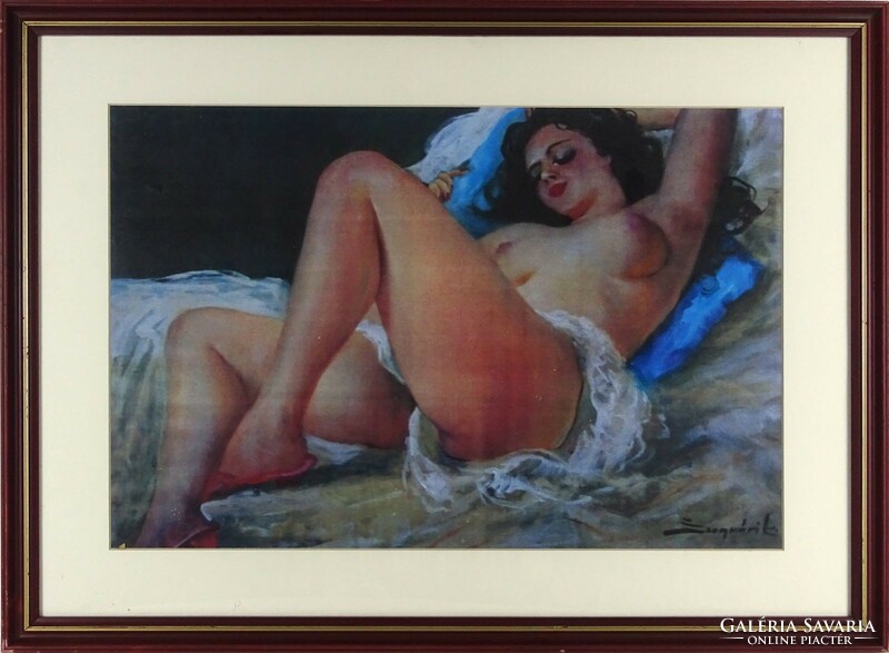 1Q172 Károly Szegvár: framed reclining female nude print 38.5 X 52 cm