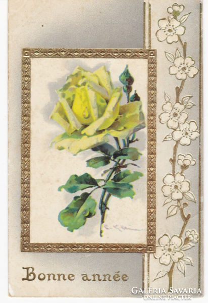 Sárga rózsa - aranyozott, keretes dombornyomásos képeslap