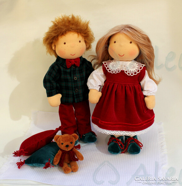 Handcrafted pair of Waldorf dolls made for exhibition