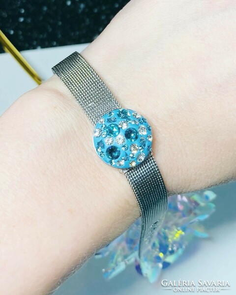 Unique stainless steel bracelet with watch strap, round turquoise-based swarovski crystal decoration