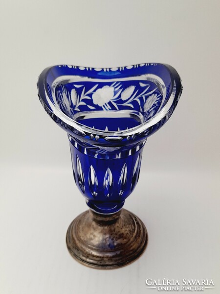 Kék kristály váza, ovális forma, jelzett, 18,2 cm