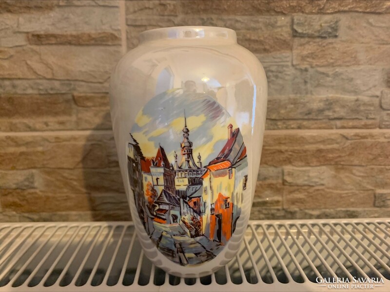 Eocene Romanian porcelain vase with a view of Segesvár, 16 cm.