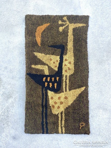 Applied art company marked retro textile wall decoration suba with a modern bird representation 107 x 58 cm