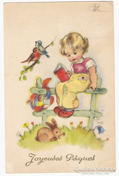 Kislány nyuszival, madarakkal - húsvéti képeslap