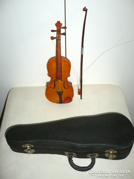 Old miniature wooden violin with case, violin model, 22 cm.