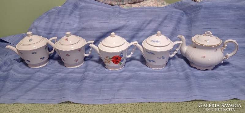 5 Zsolnay teás kanna, pipacsos, kék virágos, apró virágos. Manófüles+barokk