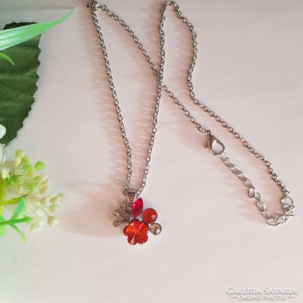 New, red rhinestone flower necklace with crown pendant