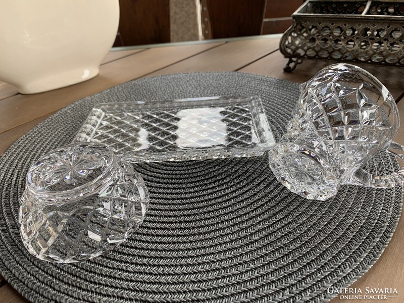 Bohemia diamond pattern Czech crystal milk jug, sugar holder, tray, elegant set, flawless