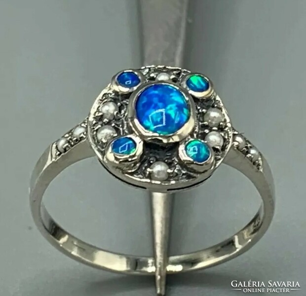 Kék opál drágaköves, sterling ezüst gyűrű /925/ 57- es méret - új, sok kézműves ékszer !