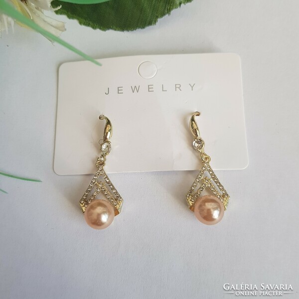 New, peach pearl, rhinestone earrings, bijou earrings