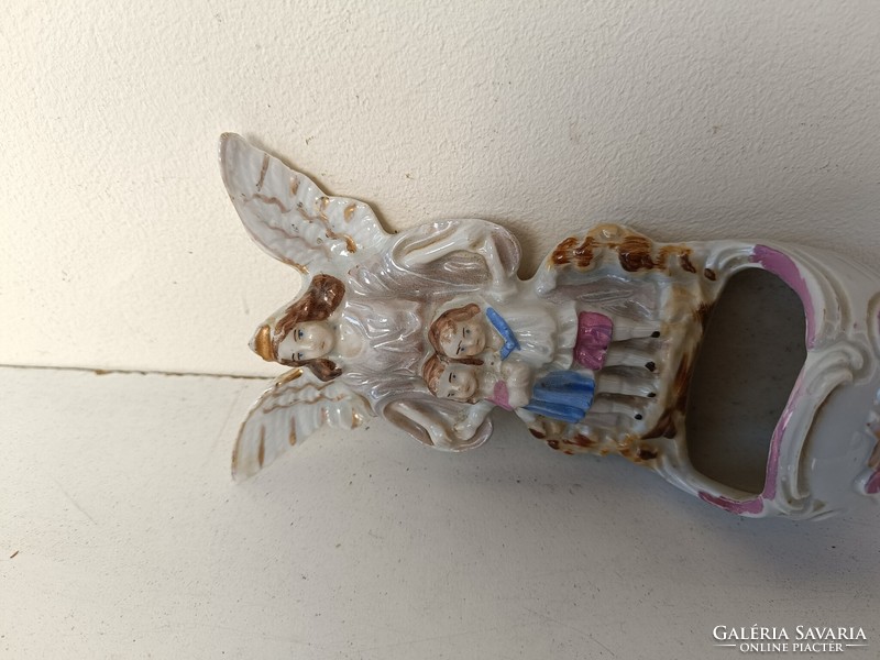 Antique holy water container 19th - 20th century biscuit porcelain Christian guardian angel wall angel 8391
