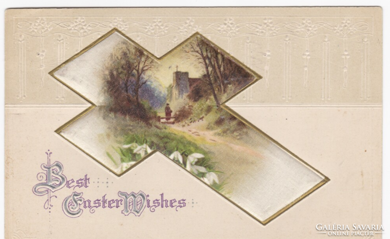 Húsvéti jókívánságok - textil betétes, dombornyomásos képeslap 1917-ből