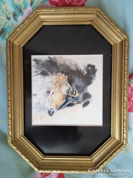 Scottish shepherd dog in a watercolor gold frame