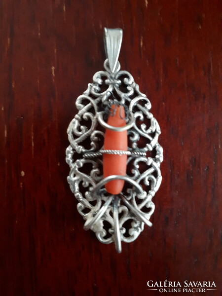Unmarked antique silver pendant / pendant with coral inlay