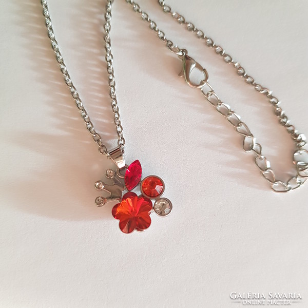 New, red rhinestone flower necklace with crown pendant