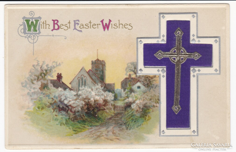 Húsvéti jókívánságok- textil betétes dombornyomásos képeslap 1917-ből