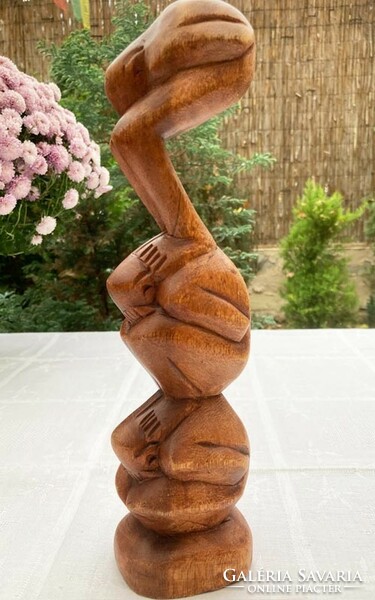 Carved three-figured yogi statue from Indonesia, unique handicraft work. 30Cm.