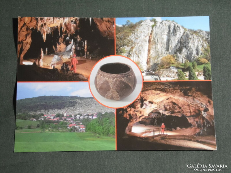 Képeslap, Aggtelek nemzeti park,mozaik részletek,cseppkőbarlang, falu látképe,cserépedény, sziklafal