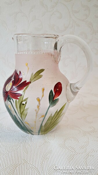 Small old acid etched glass jug. Hand painted. Floral. 12 cm high.