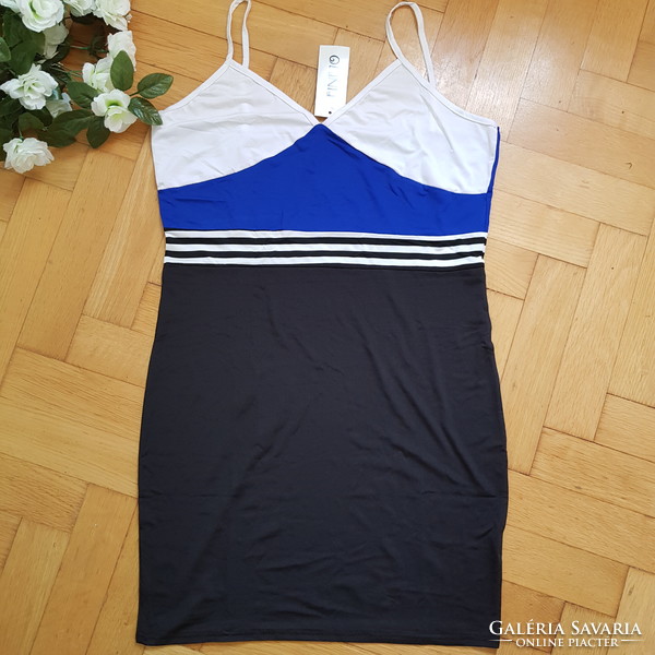 New L-size black-white-royal blue strappy midi dress
