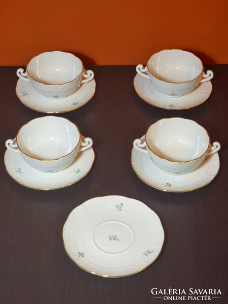 4 személyes Herendi zöld virágos porcelán leveses csésze, aljával (+1pót alj), aranyozott dekorral