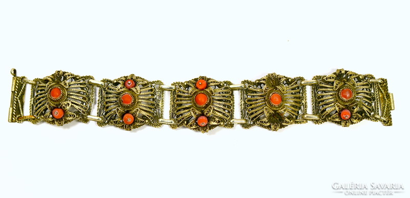 Silver bracelet with coral stones made with antique filigree technique
