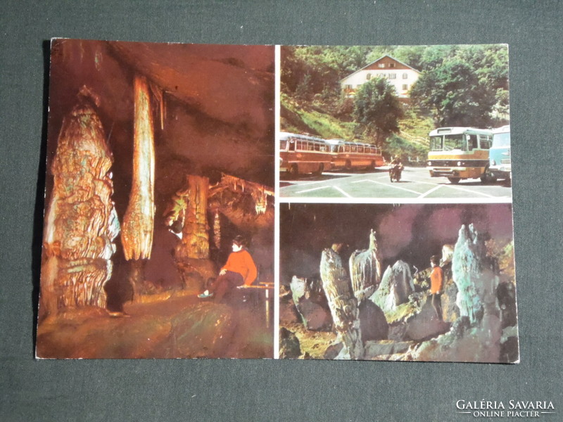 Képeslap, Aggtelek Jósvafő ,mozaik részletek,cseppkőbarlang, parkoló IKARUS buszokkal