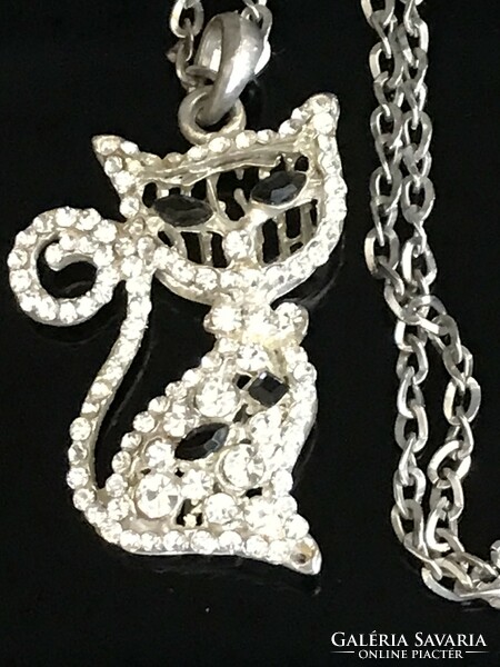 Cat pendant necklace with sparkling crystals, pendant 5.5 cm, chain 70 cm