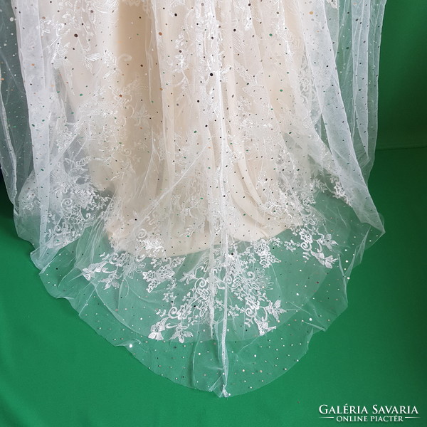 New L Ecru/Cream Lace Sparkly Strappy Boat Neck Wedding Dress
