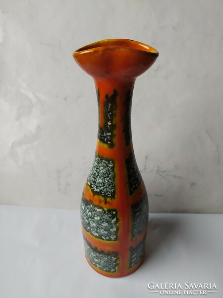 Industrial retro vase, black and orange with abstract decor, flawless, 31 cm