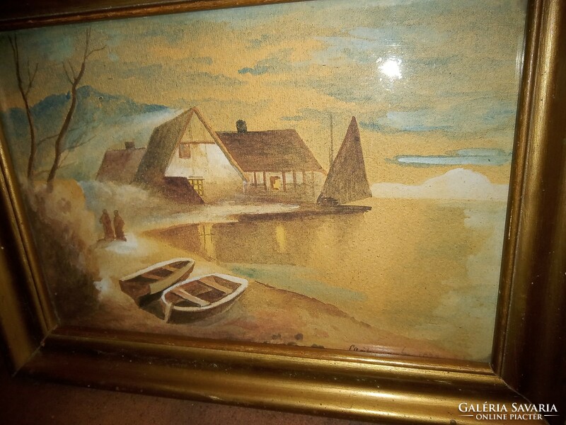 35X26 old watercolor painting behind glass in a signed gilt frame